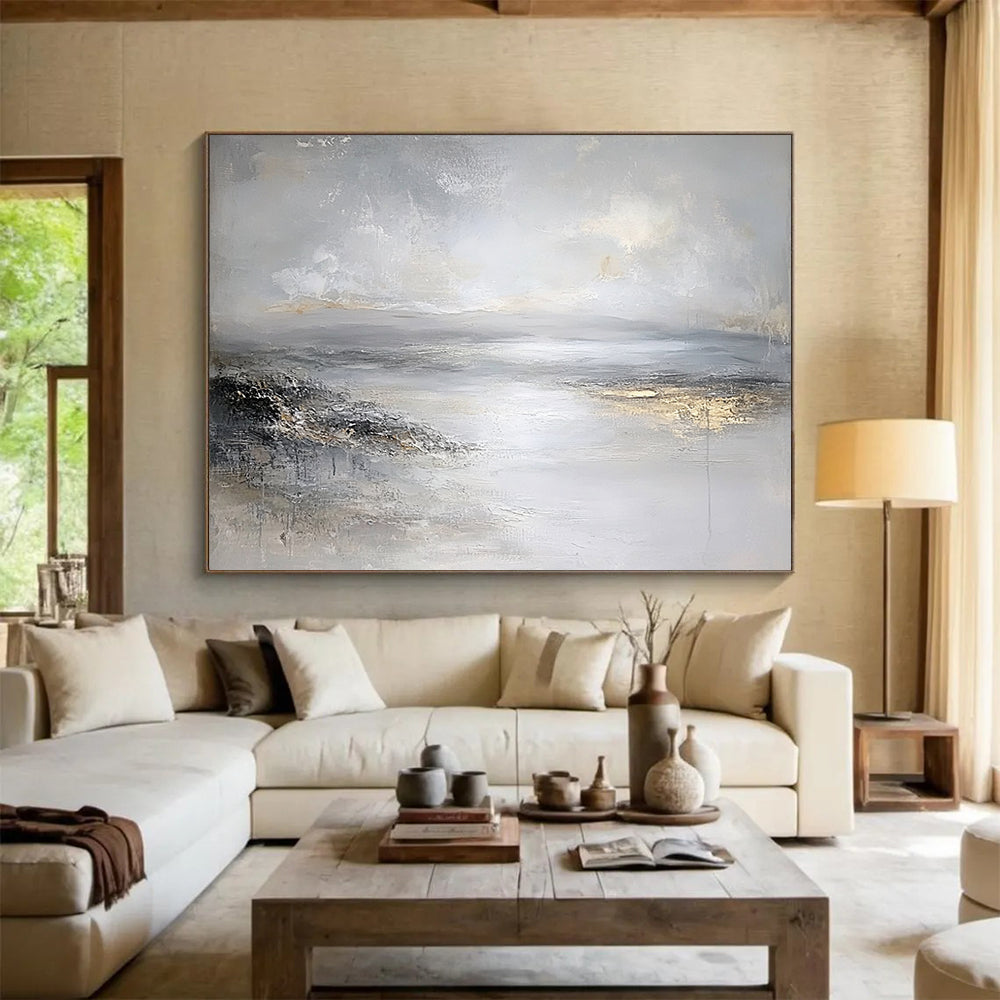 “Gray - Gold Abstract Waterscape” - Gray, Gold, Abstract Waterscape Painting On Canvas HB1111