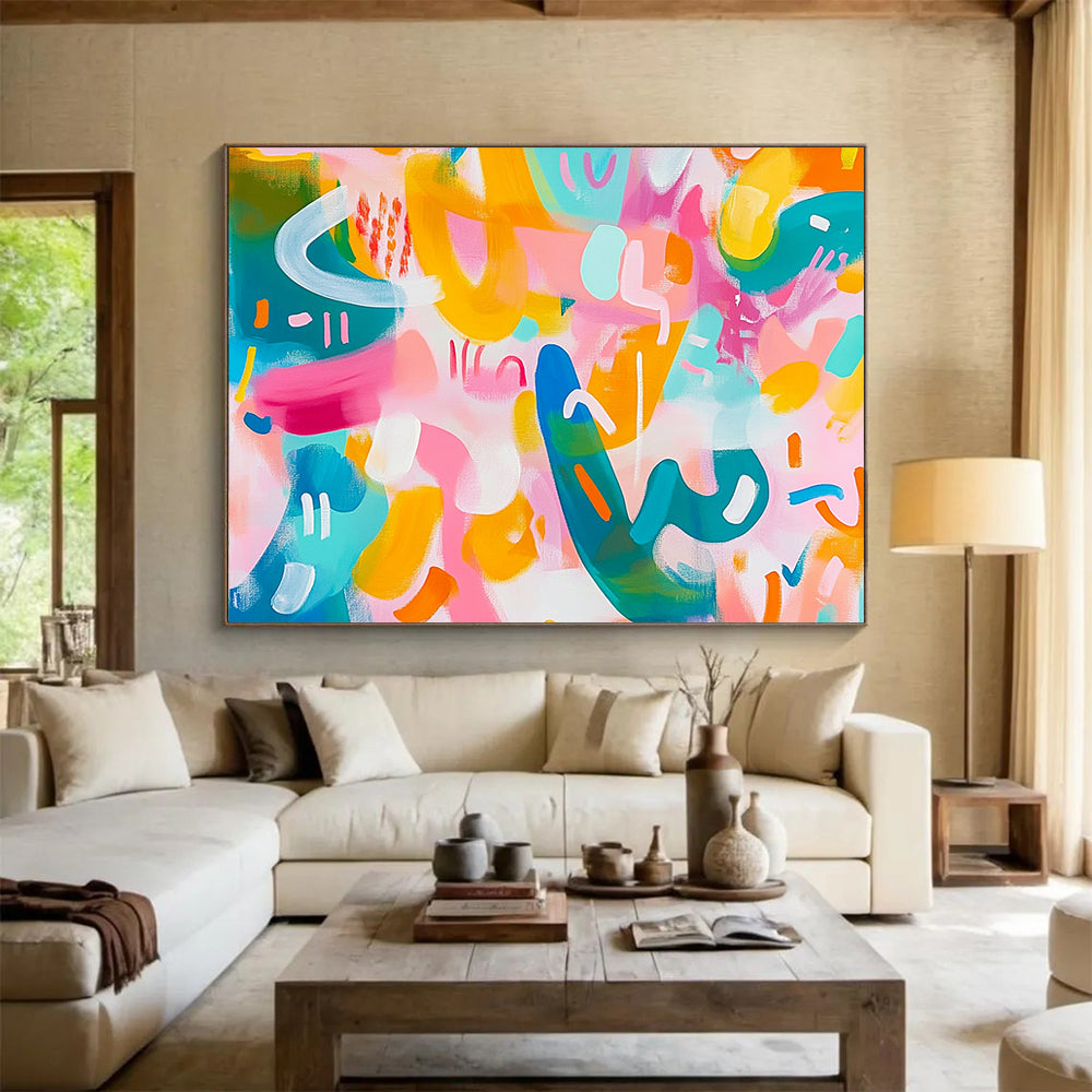 “Pastel Playful Abstract” - Pink, Yellow, Teal, Curved Shapes - Contemporary Acrylic Painting HB1522