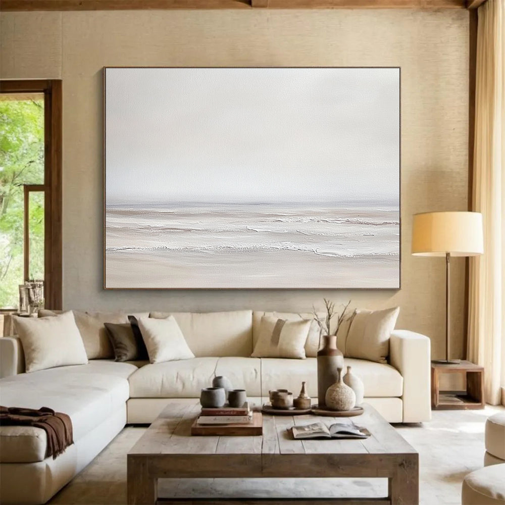 “Soft Gray Seaside” - Gray, white, beige, minimalist, Seascape Painting HB0625