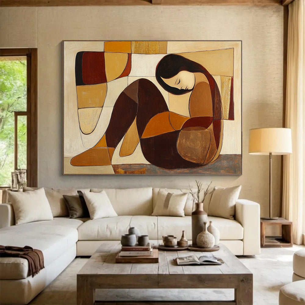 “Cubist - Style Figure” - Brown, beige, orange, Cubist Figurative Painting HB0634