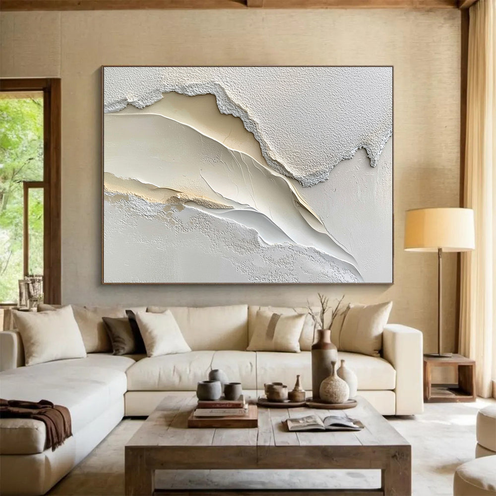 “3D White - Beige Textured Landscape” - Abstract Sculptural Painting HB0528