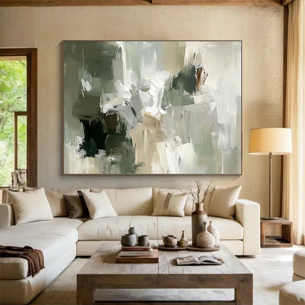 “Muted Tones Abstraction” - Green, Gray, Beige, Textured Layers - Abstract Oil Painting HB1535