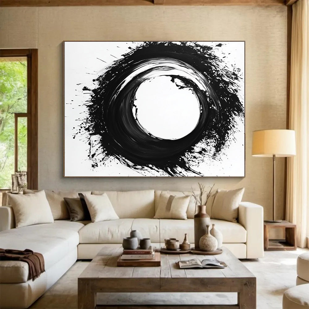 Black Circular Brushstroke on White - “Zen Enso Abstraction” Painting On Canvas HB215