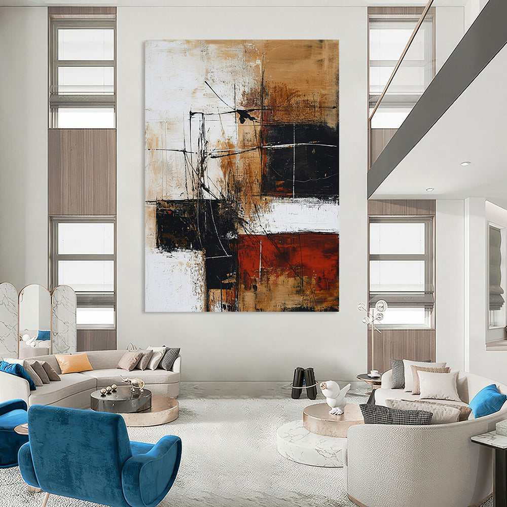 Contemporary hand-painted abstract artwork features brown and black tones on white, creating depth with interlaced shapes and loose strokes. DLZ0734