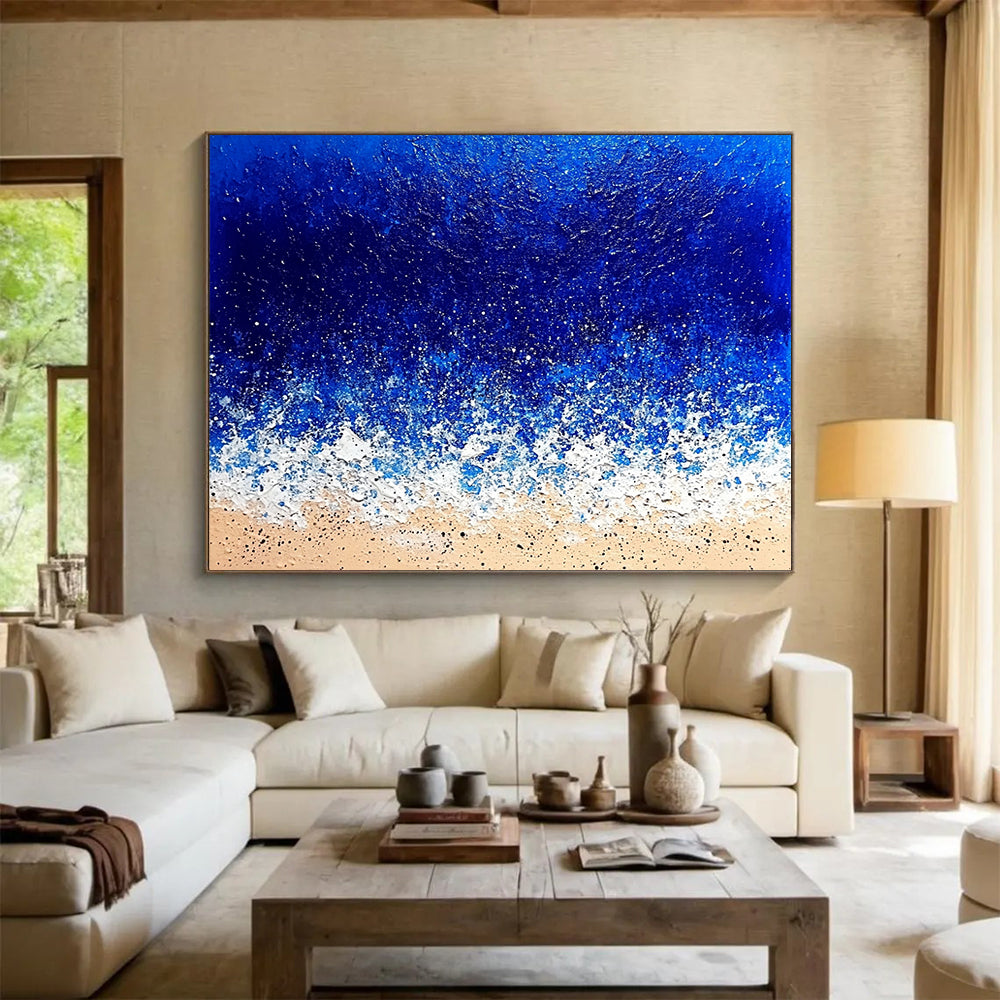 “Textured Ocean Waves” - Deep blues, whites, beiges; Impasto waves crashing on a sandy beach; Palette Knife Acrylic Painting On Canvas HB1184