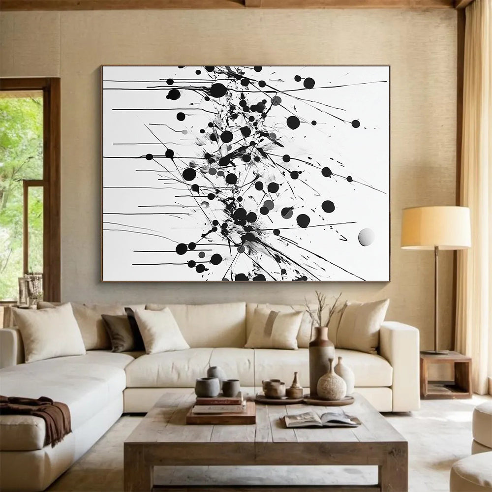 Black Dots, Lines & Splatters on White - “Dynamic Ink Chaos” Painting On Canvas HB224