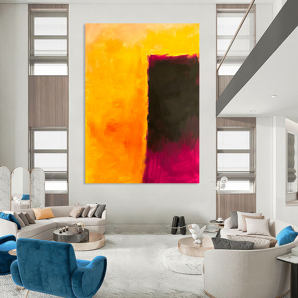 Contemporary hand-painted abstract art featuring a striking interplay of yellow and dark pink, evoking emotion and contemplation in a minimalist style. DLZ1363