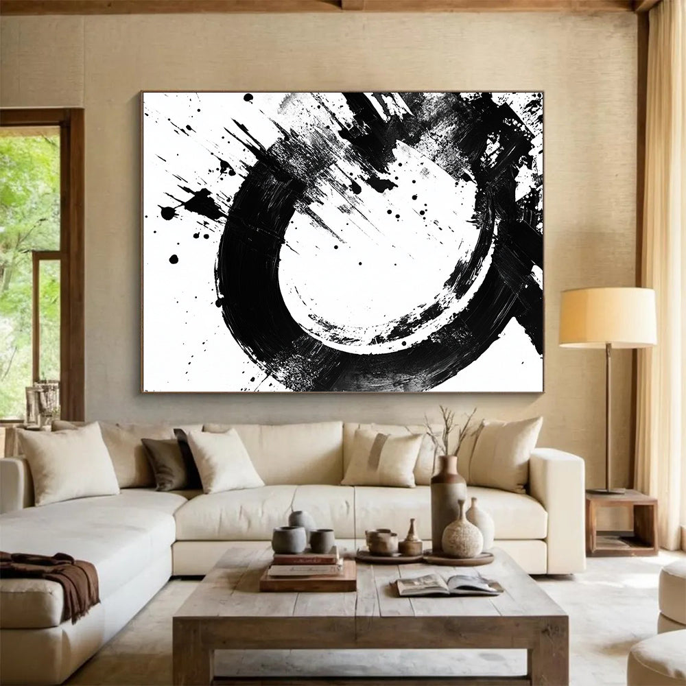 Black Circular Brushstroke with Splatter - “Dynamic Enso Splash” Painting On Canvas HB242