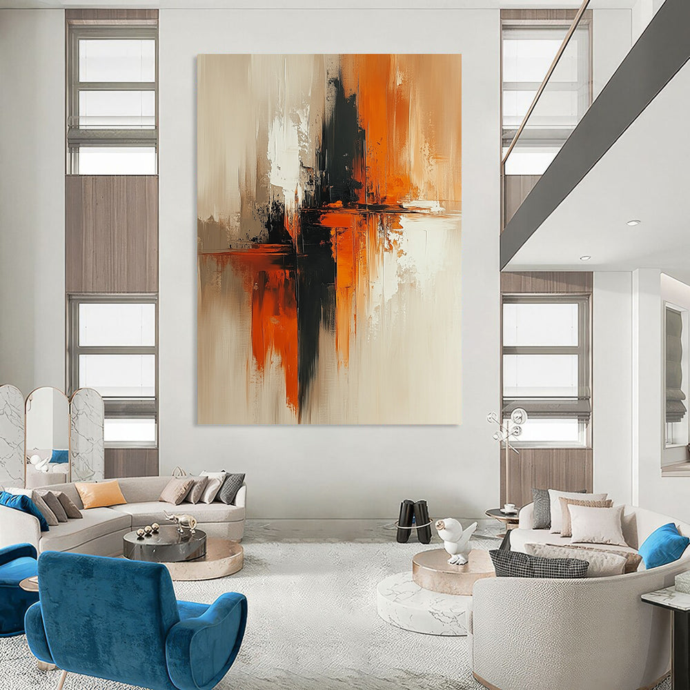 Contemporary abstract artwork features beige and rust tones, vertical composition, large brush strokes, soft edges, and blurred details on textured canvas. DLZ0727