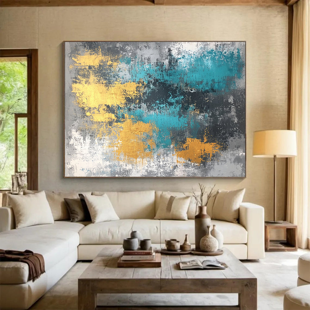 “Gold Teal Gray Abstract Textures” - Gold, teal, gray; Abstract with textured brushstrokes HB1286