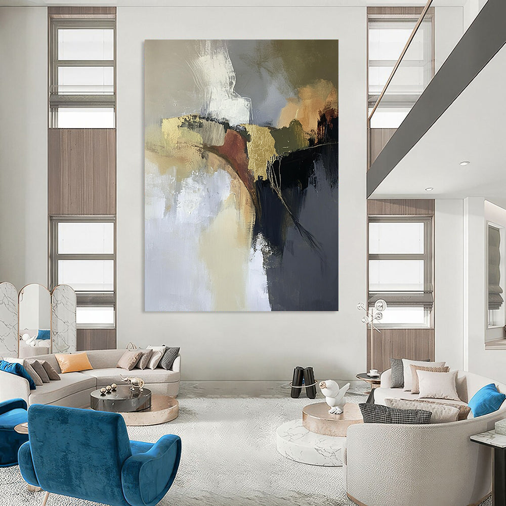 Contemporary hand-painted abstract artwork featuring aerial landscapes in neutral tones with gold and brown accents creating a dreamy atmospheric effect. DLZ0449