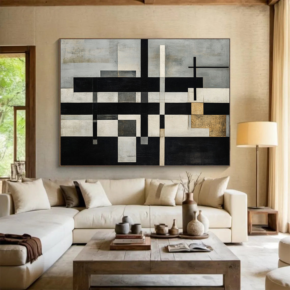 Gray, White, Black, Gold with Intersecting Lines "Structured Harmony" Abstract Painting On Canvas HB012