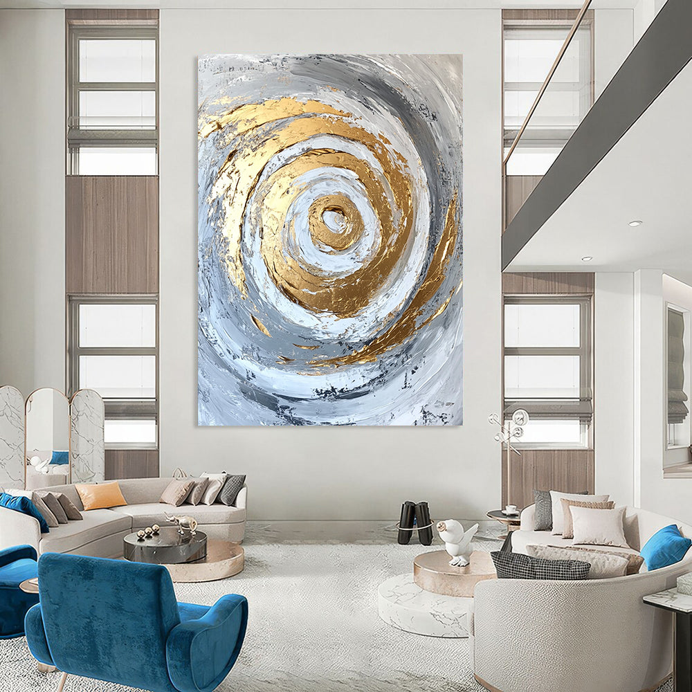 Contemporary abstract artwork features gold accents on a textured white and grey background with bold brush strokes and palette knife techniques. DLZ0808