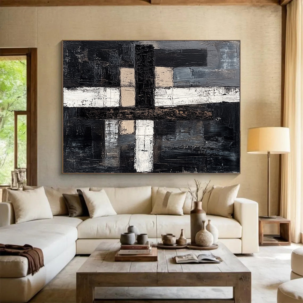 Black, Gray, Beige, White with Textured Blocks "Subtle Stories" Abstract Painting On Canvas HB007