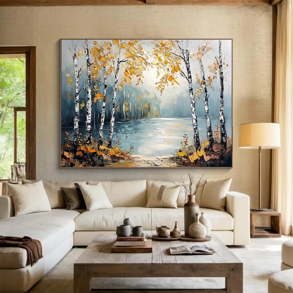 “Autumn Birch Lake” - Yellows, Blues, Whites, Birch Trees by a Lake in Autumn - Textured Oil Painting HB1707