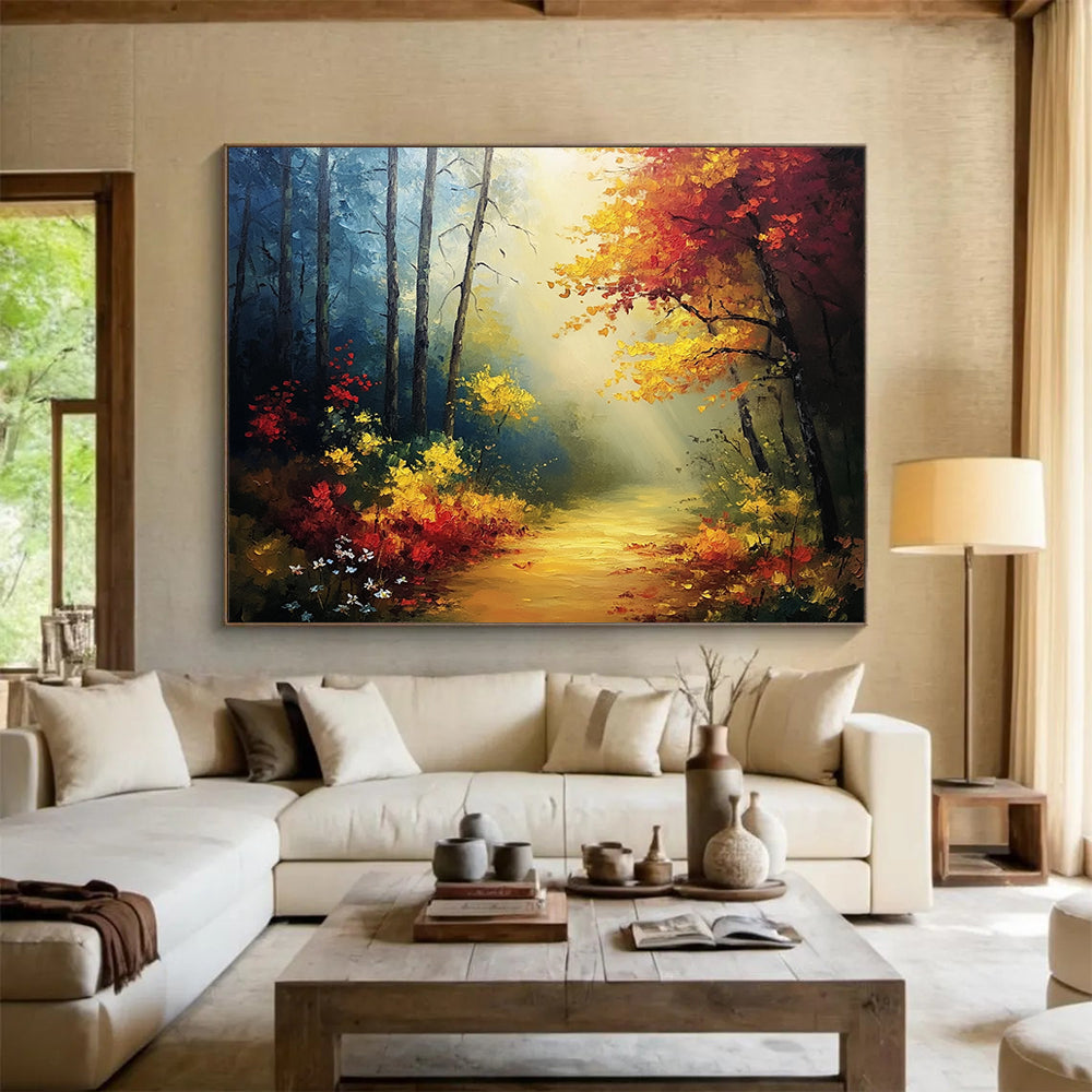 “Sunlit Forest Path” - Yellows, Reds, Greens, Forest Path with Sunbeams - Impasto Oil Painting HB1711