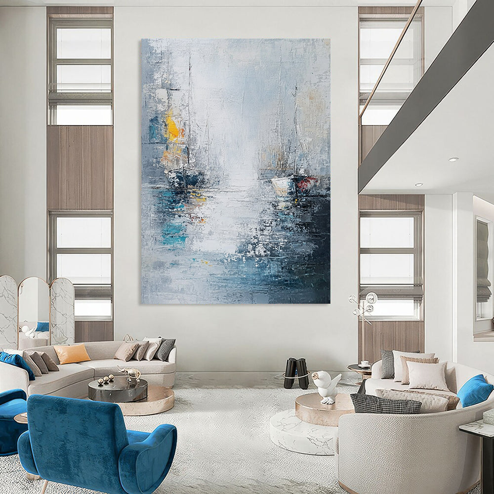 Contemporary abstract painting featuring sea and ships in a white gray blue palette with thick oil brush strokes. DLZ0636