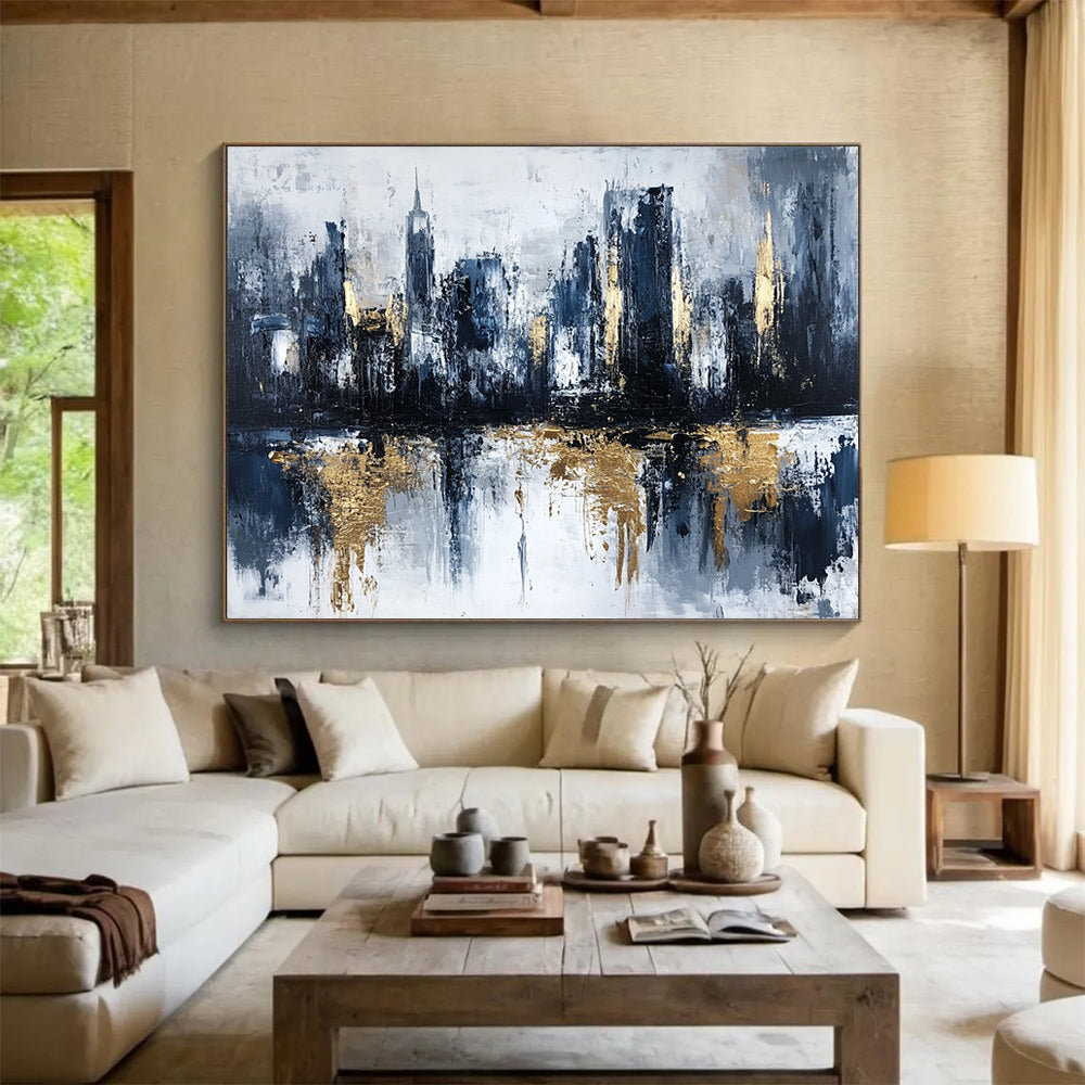 “Gilded City Skyline Reflection” - Gray, Blue, Gold, Abstract Cityscape with Water Mirroring Painting On Canvas HB1097