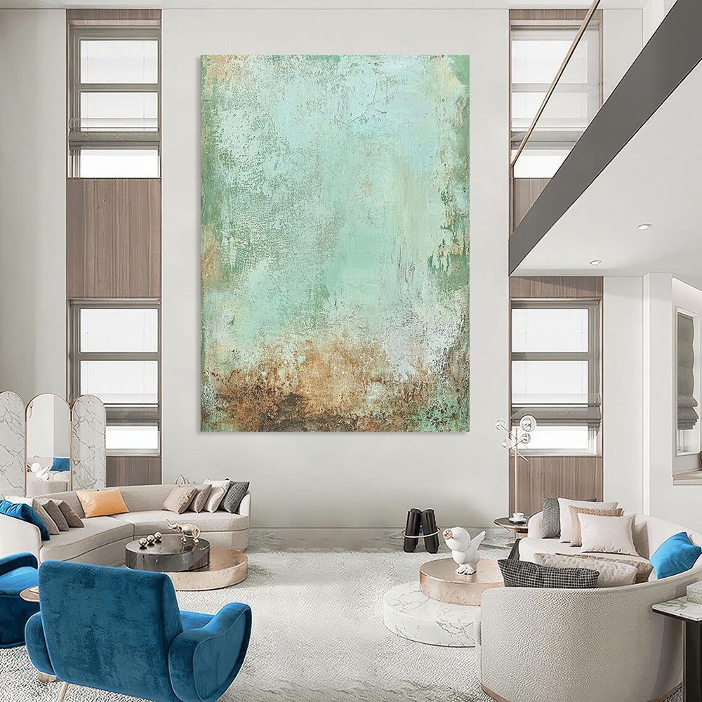Contemporary hand-painted abstract art featuring soft greens browns and pale blues with rusted metal textures for a rustic elegant backdrop. DLZ1478