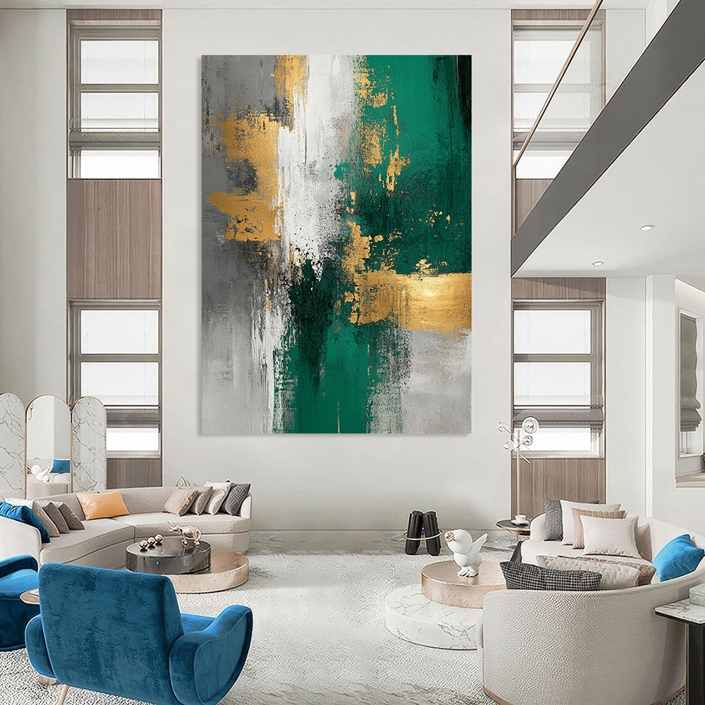 Large contemporary abstract painting featuring gold foil texture emerald green and white tones on light gray background with elegant composition and soft lighting. DLZ0273