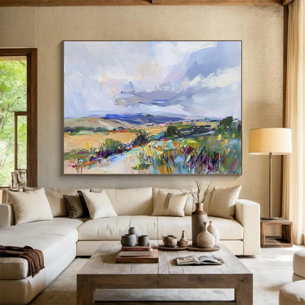 “Colorful Countryside Vibe” - Vivid Greens, Yellows, Blues, and Purples, Lively Impressionistic Landscape Painting On Canvas HB0915