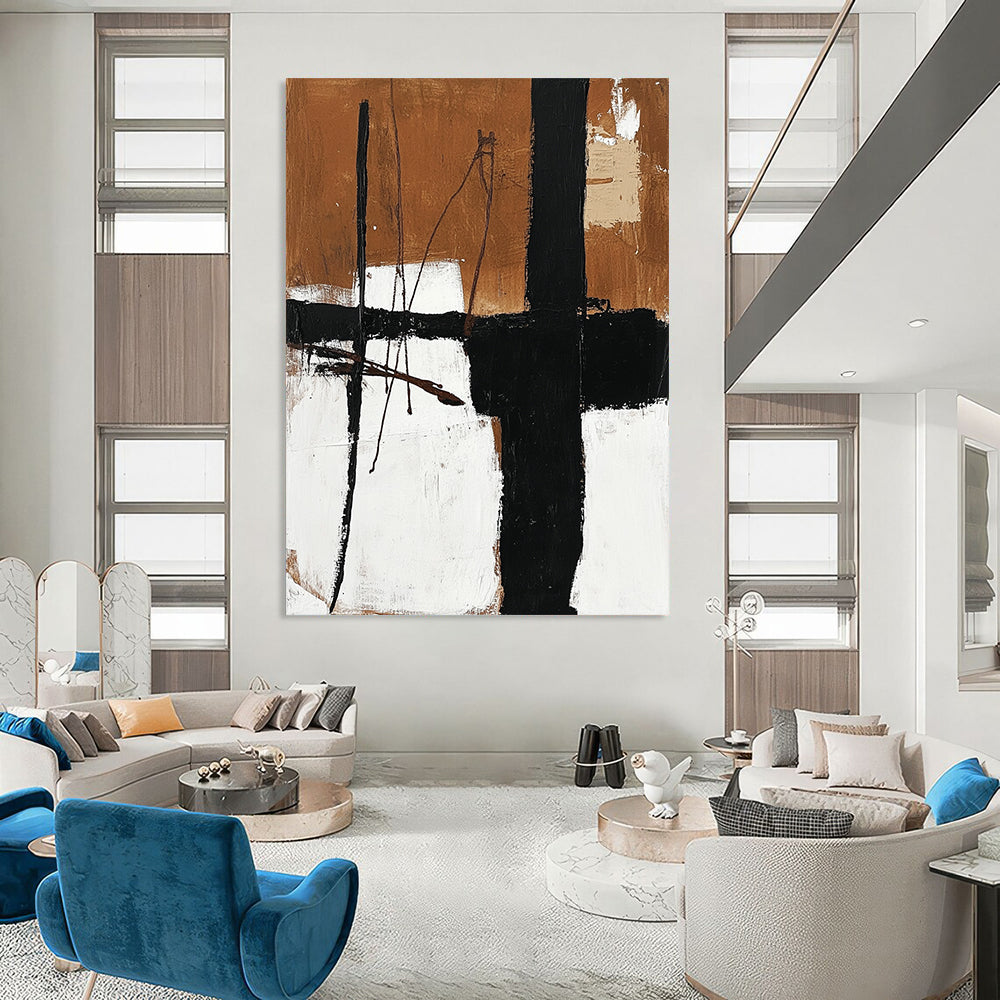 Contemporary abstract oil painting featuring black and white elements with brown lines on a neutral background showcasing earthy tones and minimalistic design. DLZ0311