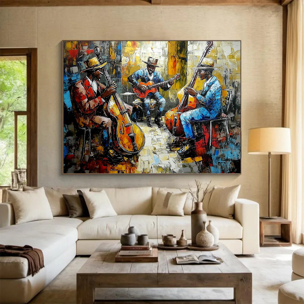 “Vibrant Jazz Band” - Colorful Palette, Jazz Musicians, Figurative Painting On Canvas HB0996