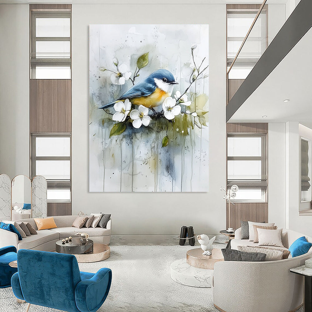 Contemporary abstract art featuring a blue and yellow bird on a branch among white flowers and green leaves with soft watercolor effects. DLZ1122