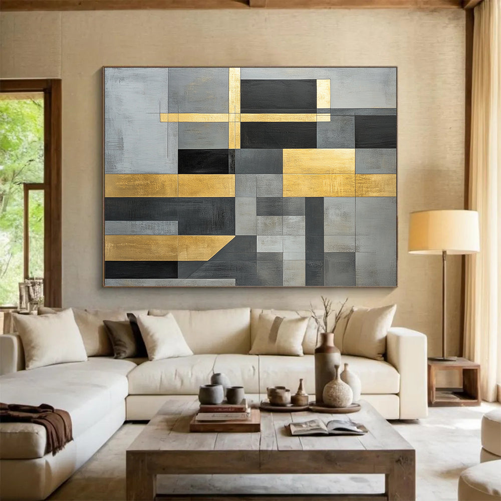 Gray, Black, Gold and White Geometric Composition "Timeless Structure" Painting On Canvas HB354