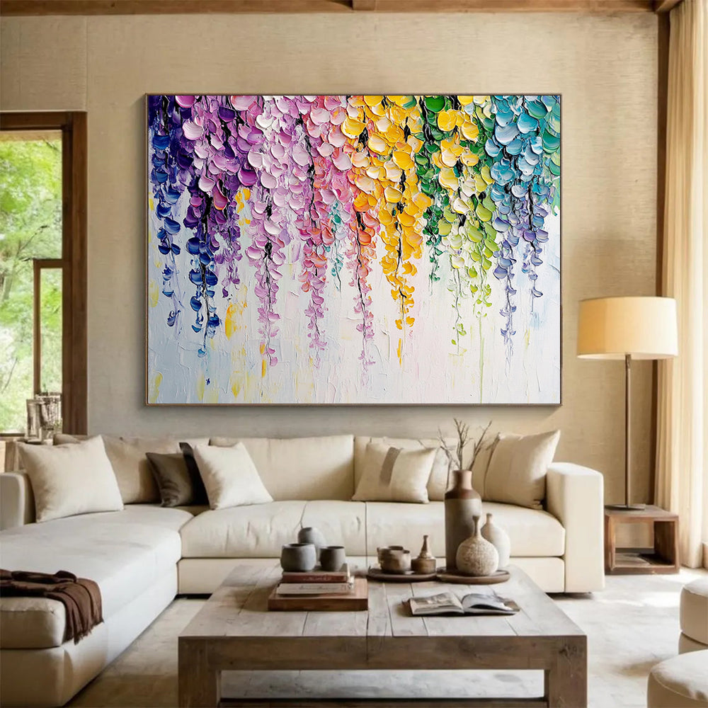 “Colorful Cascading Blooms” - Bright purples, pinks, yellows, greens, blues; Dripping flower blossoms; Impasto Floral Painting On Canvas HB1163