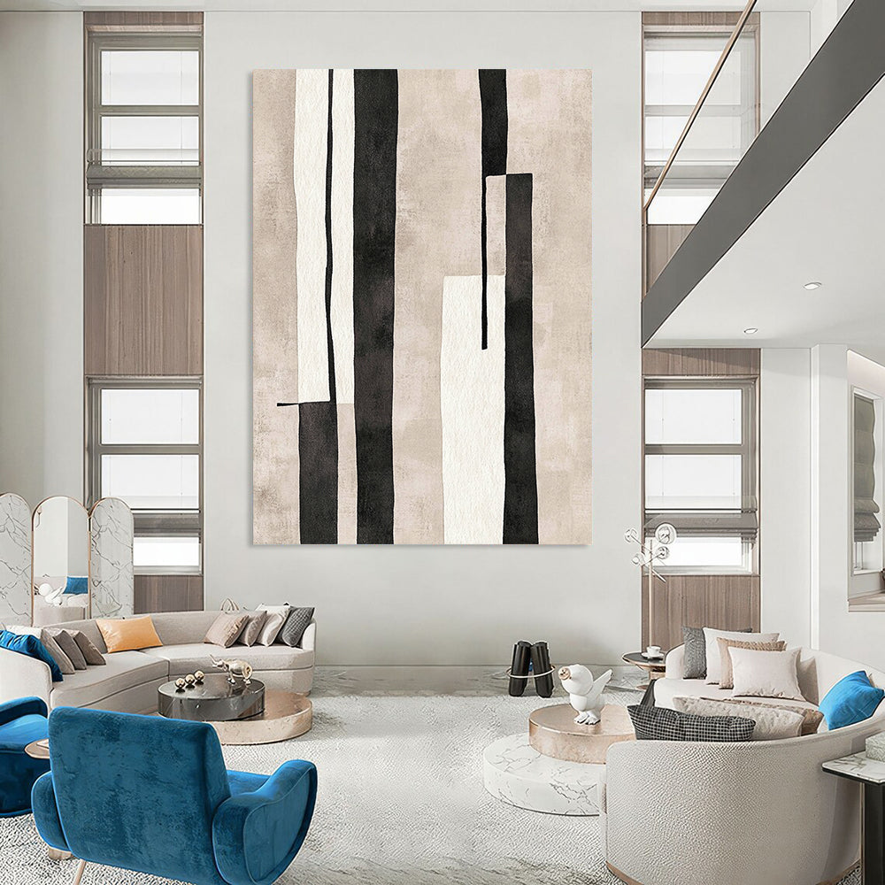 Large contemporary hand-drawn abstract art featuring vertical rectangular shapes in minimalist style with muted colors on textured paper inspired by Matisse. DLZ1270