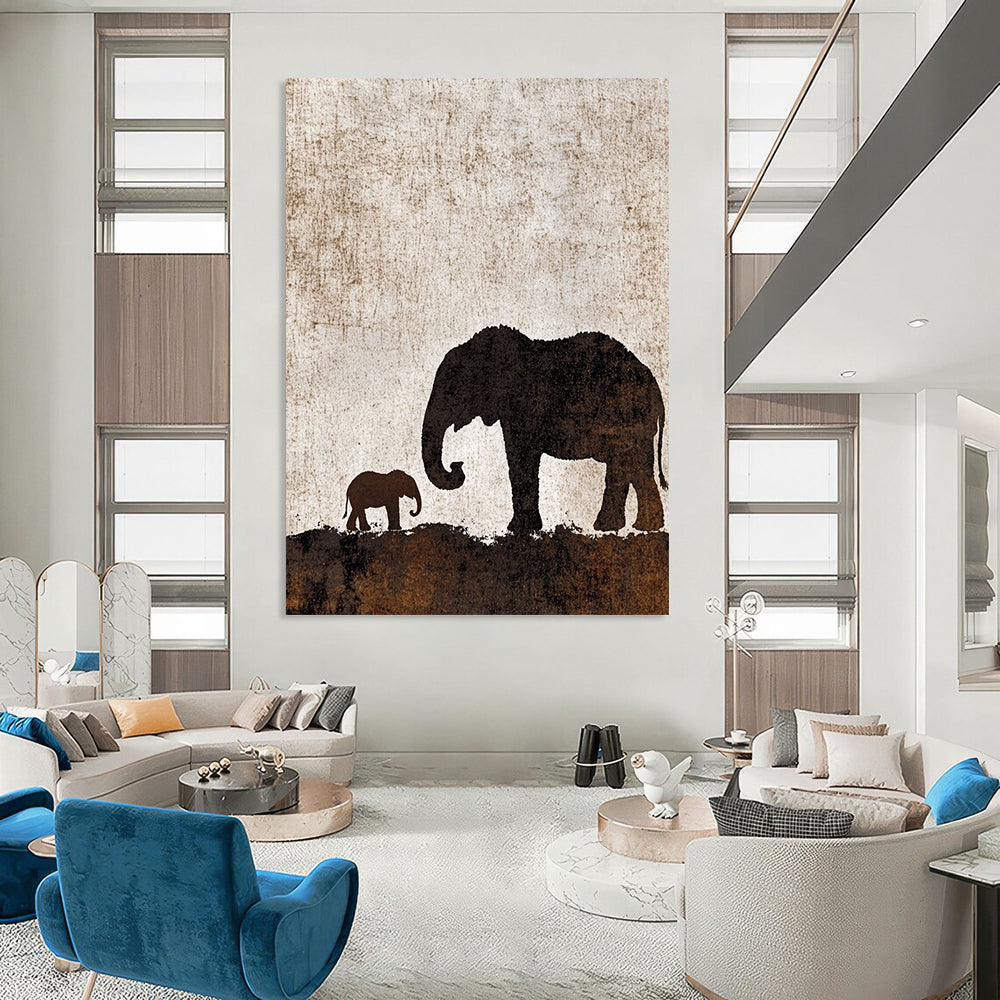 Contemporary abstract artwork featuring an elephant silhouette with calf on a textured brown and white background, perfect for any modern space. DLZ1088