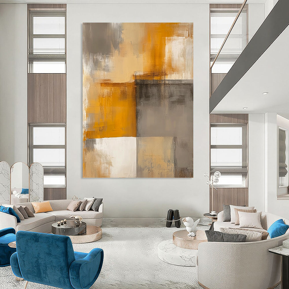 Contemporary hand-painted abstract art featuring faded beige and grey tones with warm yellow accents and simple geometric shapes. DLZ0516