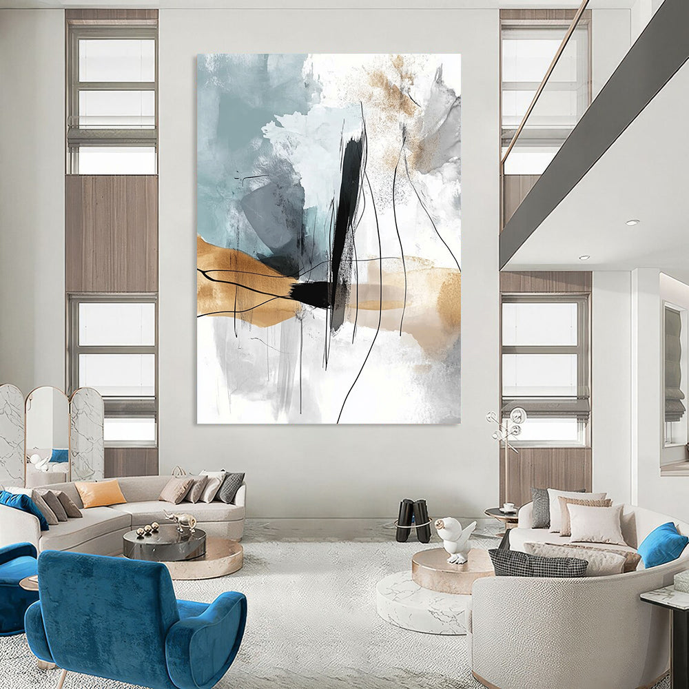 Large contemporary abstract painting featuring soft lines and shapes with a light gray-blue background and flowing watercolor effects in a warm beige palette. DLZ0769