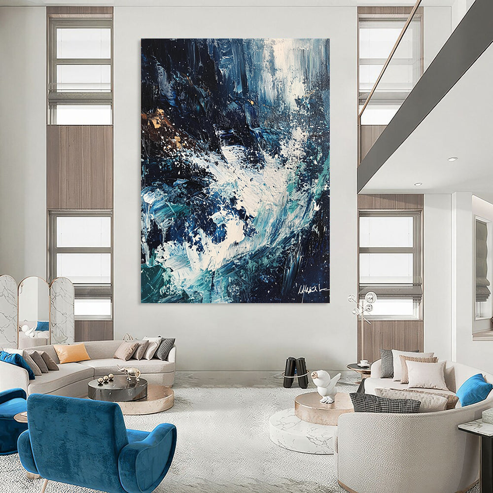 Contemporary abstract painting featuring crashing waves in white and blue hues with dark tones expressive brush strokes and palette knife textures. DLZ0617
