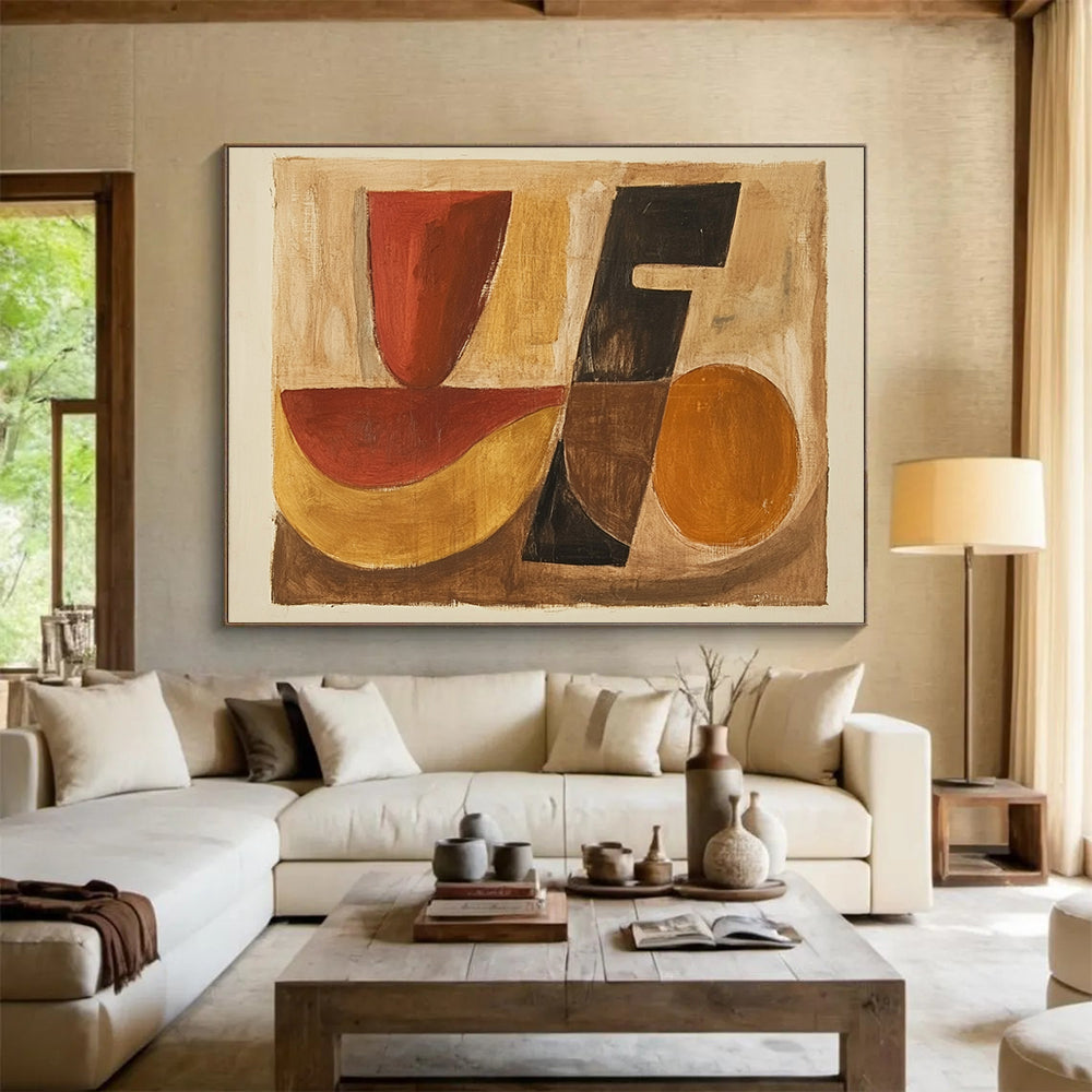“Geometric Shapes in Earth Tones” - Red, black, yellow, brown, Abstract Geometric Painting HB0631