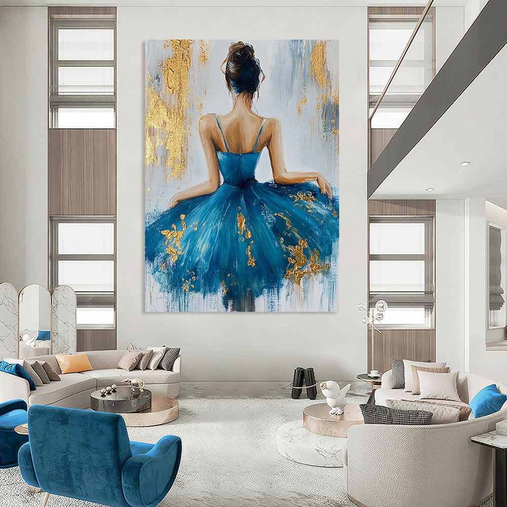 Contemporary abstract artwork featuring a ballerina in a blue dress adorned with gold leaf on textured white canvas background. DLZ0466