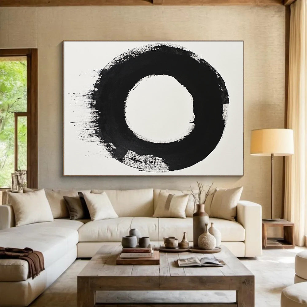 Black and White Bold Circle "Zen Simplicity" Painting On Canvas HB262