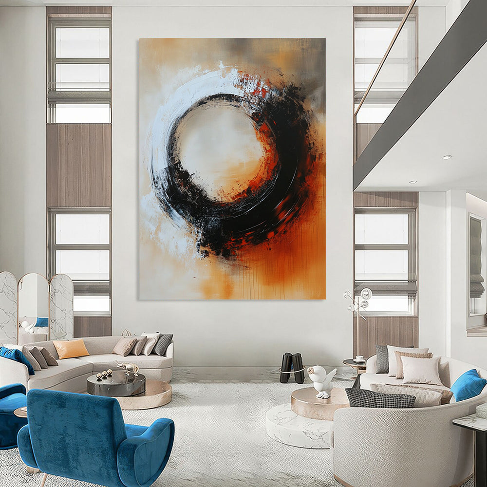 Large contemporary hand-painted abstract artwork featuring a circular composition with warm tones and mysterious elements in dark gray and soft reds. DLZ0702