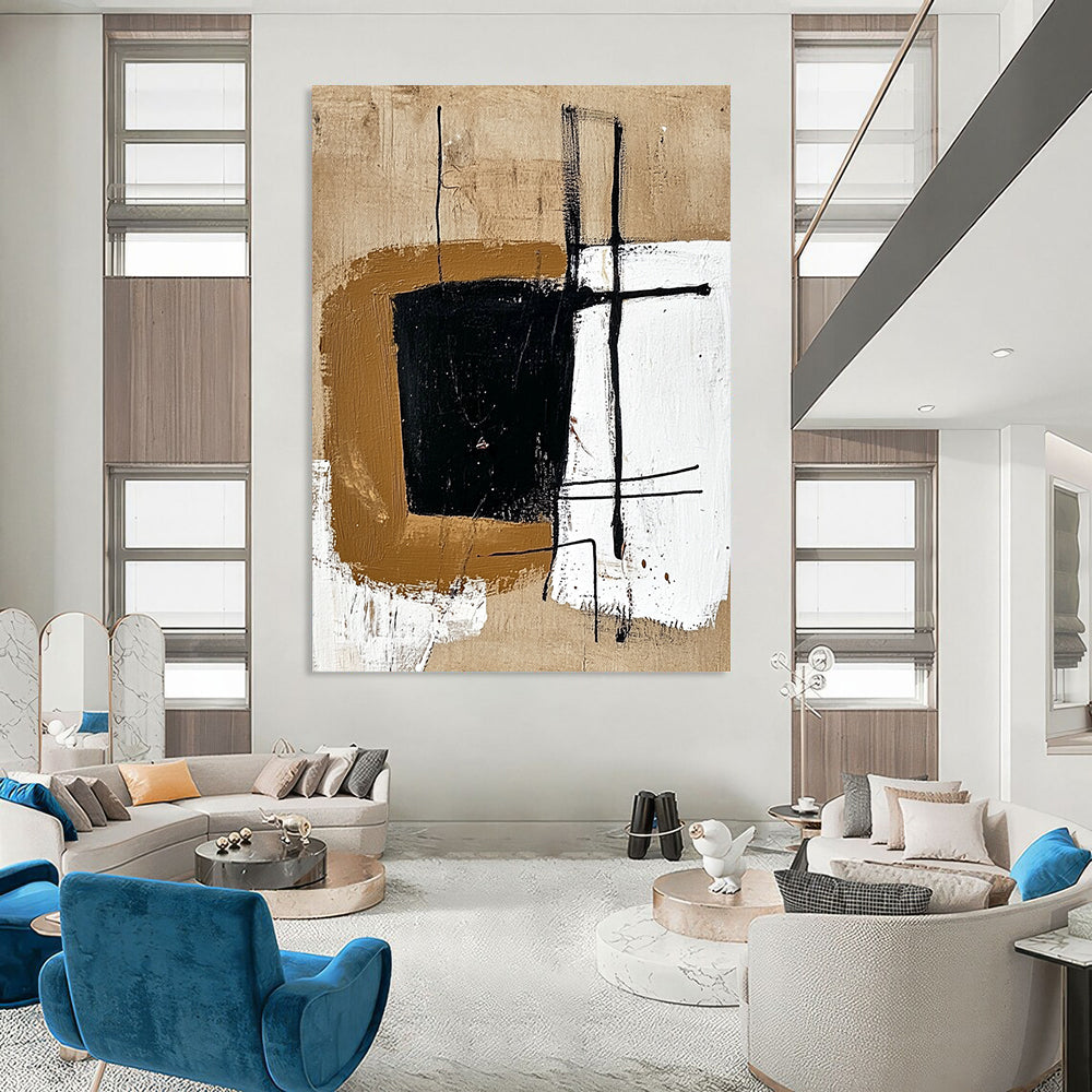 Contemporary abstract painting featuring a brown shape with black lines on beige, enhanced by brown and white geometric forms for a minimalistic touch. DLZ1160