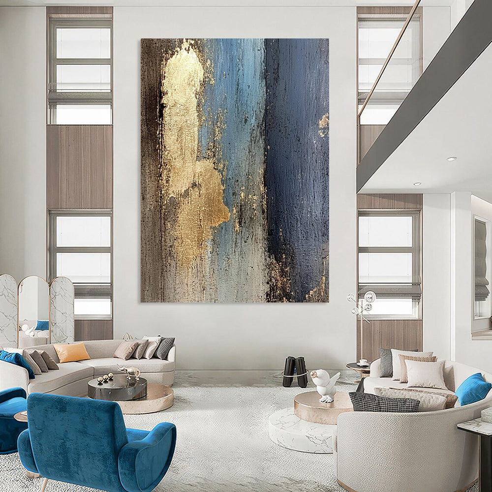 Contemporary abstract artwork featuring a textured wooden wall with peeling paint and glimpses of gold leaf, evoking a dark yet luminous atmosphere. DLZ1280