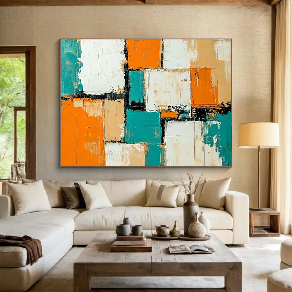 “Colorful Geometric Abstract” - Orange, Teal, Beige, Geometric Abstract Painting On Canvas HB0784