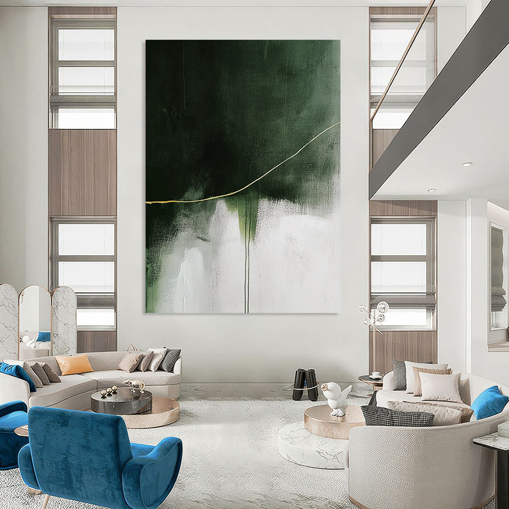 Contemporary abstract painting featuring a striking yellow line on a textured white and green background enhancing depth and visual impact. DLZ0847