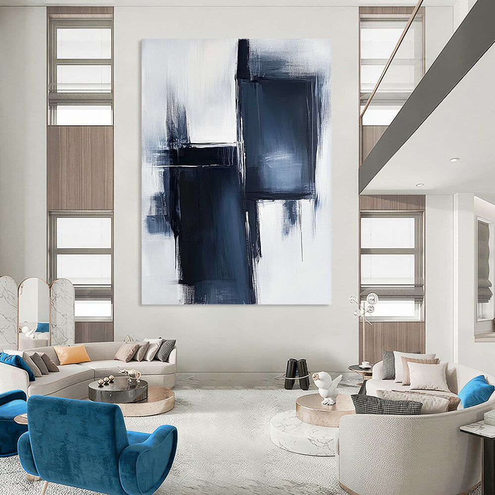 Large contemporary hand-painted abstract artwork featuring light navy and white tones with dark gray brush strokes and minimalist high contrast design. DLZ1649