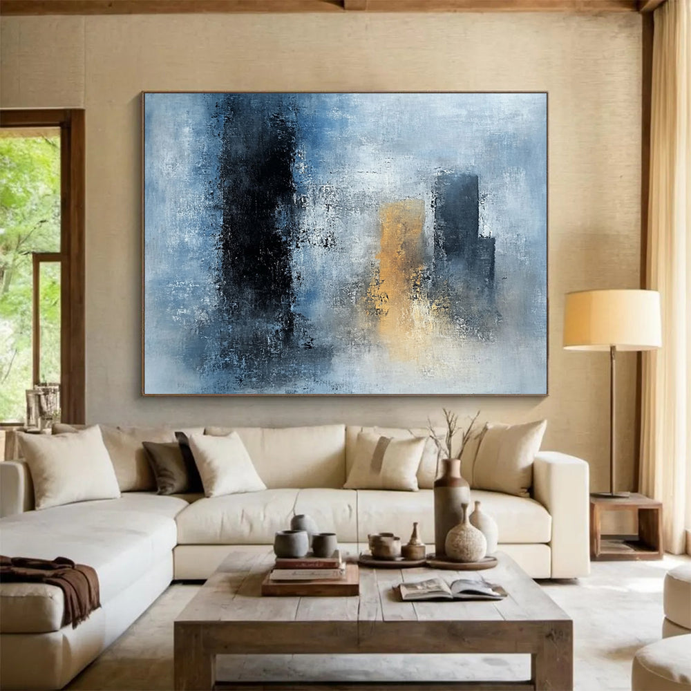 “Blue - Gray Abstract Urban Silhouettes” - Blue, Gray, Gold, City Shapes Painting On Canvas HB0840