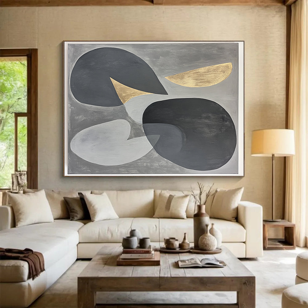 Gray, Black, Gold and Silver Geometric Abstraction "Energetic Geometry" Painting On Canvas HB399