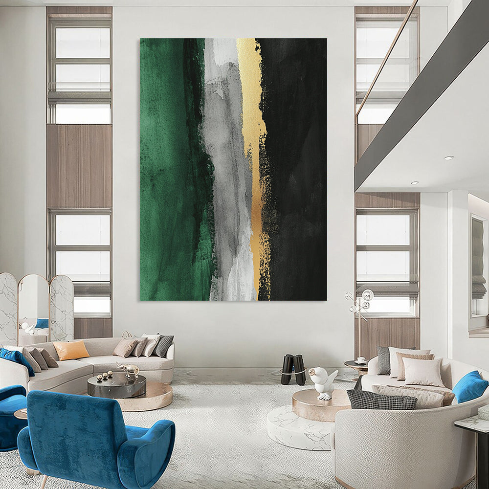Contemporary abstract artwork featuring thick brush strokes gold leafing and a color palette of gray white black and green with a striking vertical yellow line. DLZ1630