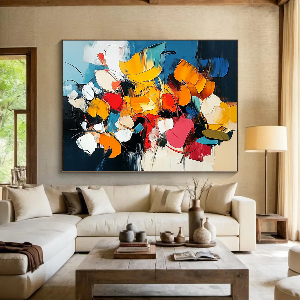“Colorful Abstract Floral Blooms” - Yellow, orange, red, blue, white; Abstract floral composition HB1288