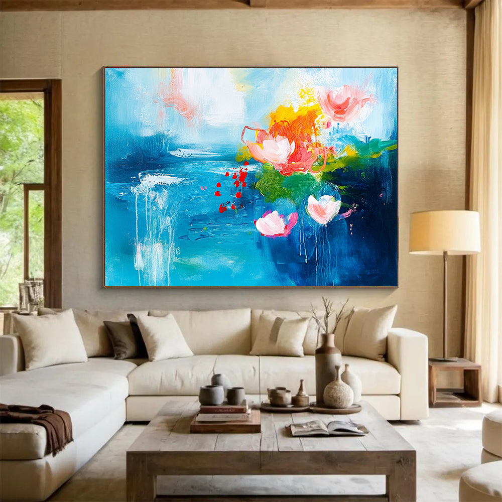 “Dreamy Blue with Pink and Orange Floral Abstractions” - Blue, pink, orange, green; Abstract floral shapes on a blue background; Acrylic Painting On Canvas HB1233