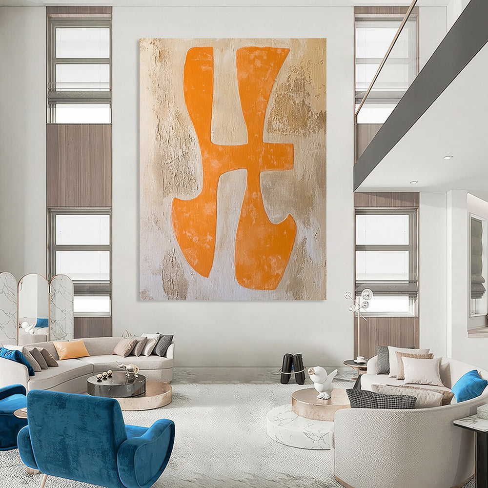 Contemporary abstract painting featuring orange "Xing" characters in a textured canvas with warm terracotta and pale yellow hues. DLZ1706
